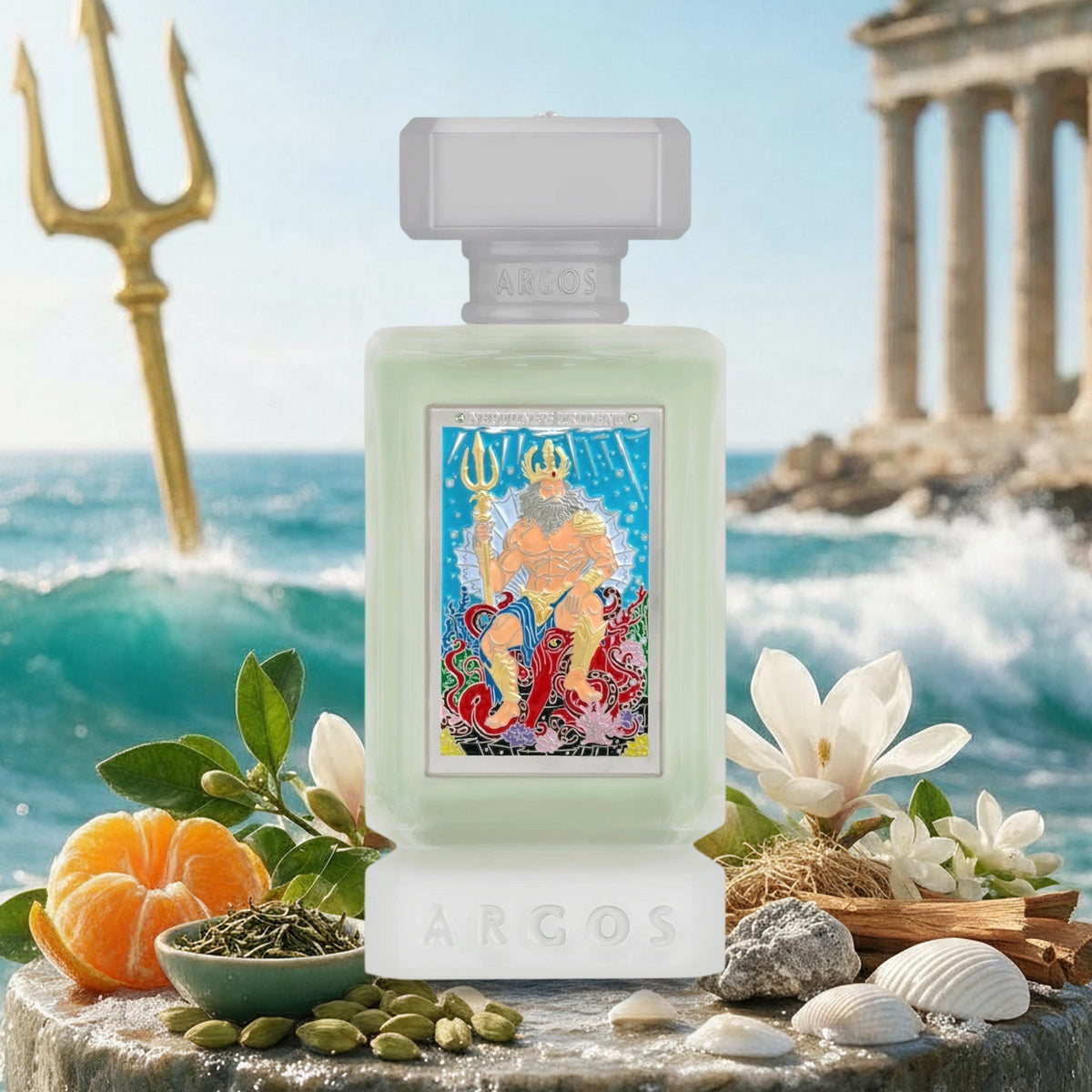 Neptune's Trident von Argos mit Mandarine, Kardamom, grünem Tee und Magnolie vor Meer mit Dreizack und Tempel im Sommer