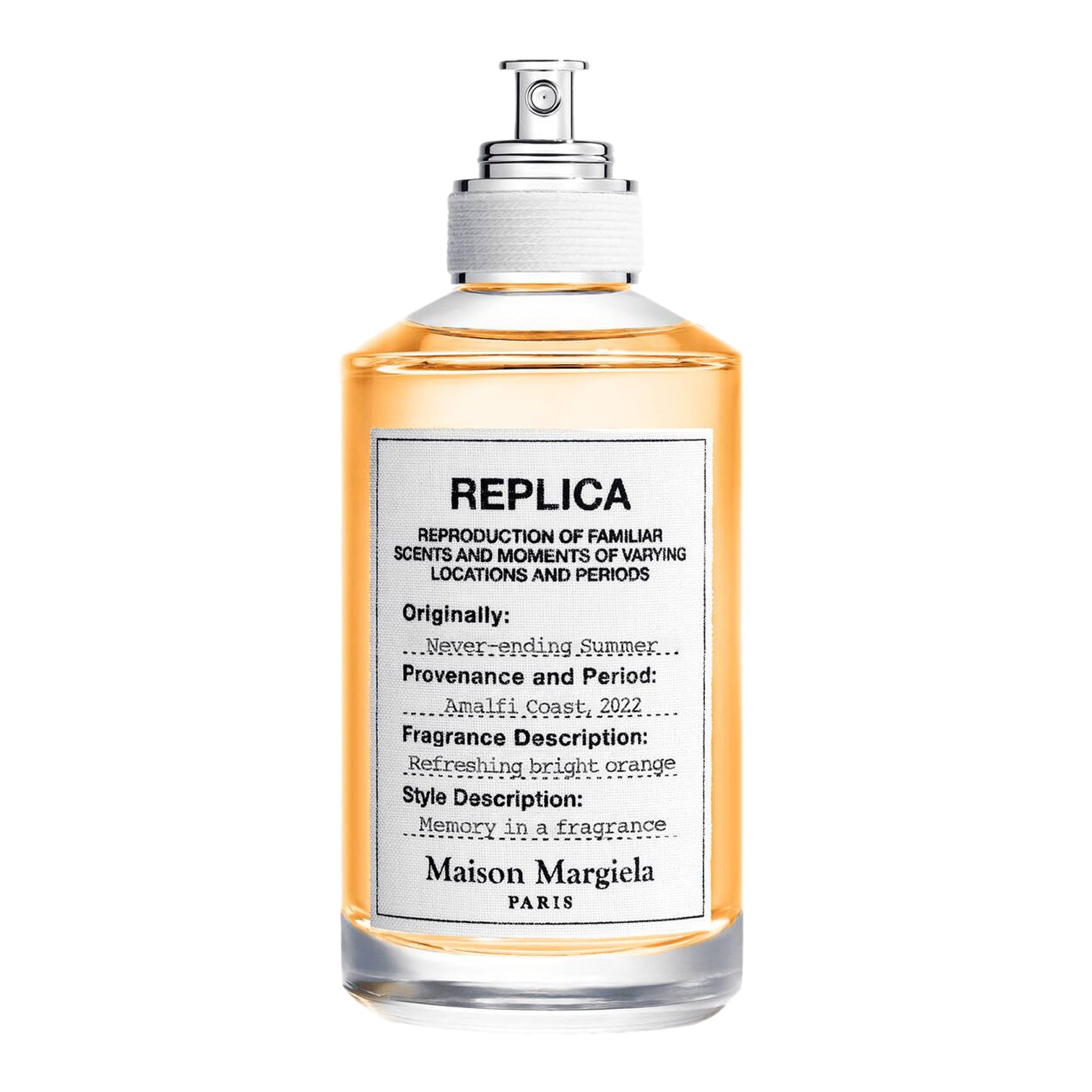Maison Margiela Replica Never-ending Summer Eau de Toilette – klarer Flakon mit weißem Stoffetikett, inspiriert von sonnigen Tagen an der Amalfiküste. Jetzt bei 4D OUTFITTERS erhältlich.