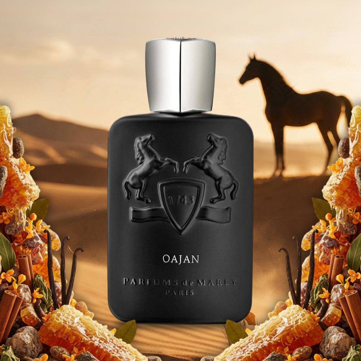Oajan von Parfums de Marly in der Wüste mit arabischem Hengst im goldenen Herbstlicht, mit Honigwabe und Zimt