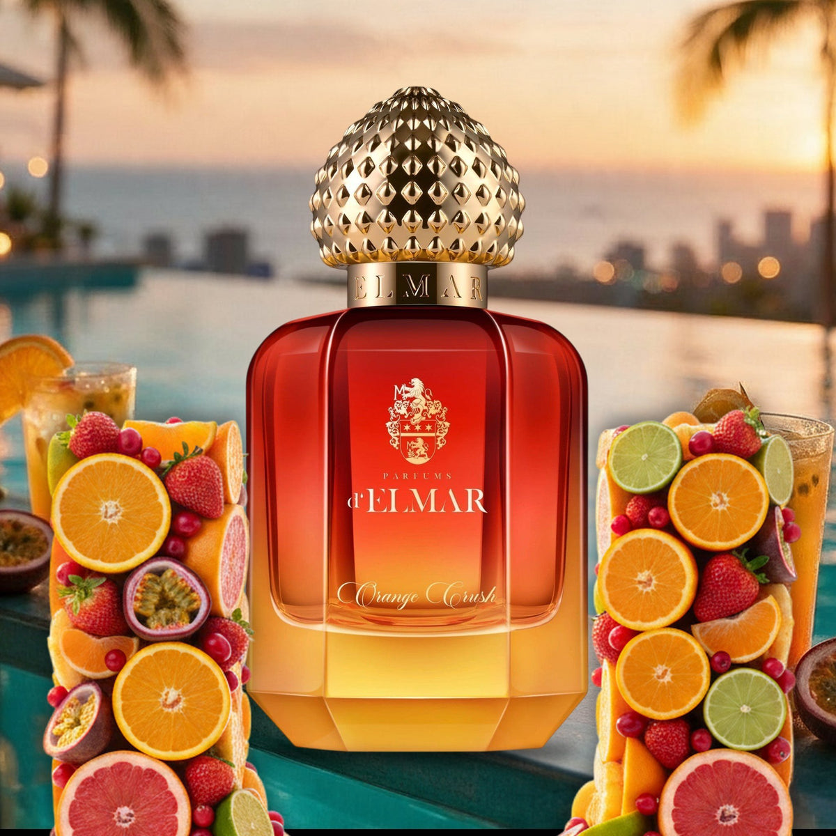 Orange Crush von Parfums d’Elmar an der Rooftop-Poolbar im Sommer mit Orangen, Grapefruit, Passionsfrucht und Erdbeeren