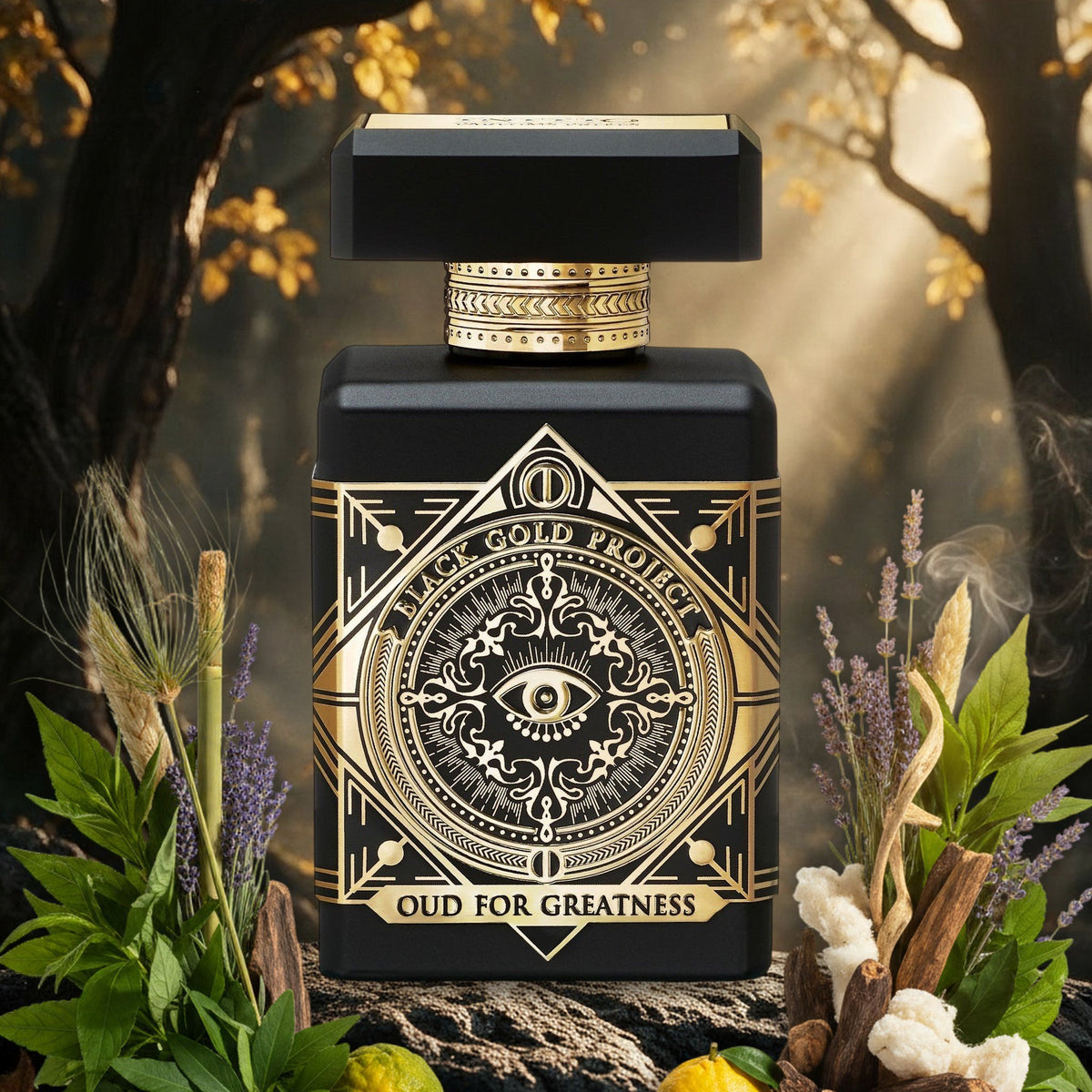 Oud for Greatness von Initio im nebligen Herbstwald mit Lichtstrahlen, mit Oudholz, Lavendel, Papyrus und Bergamotte