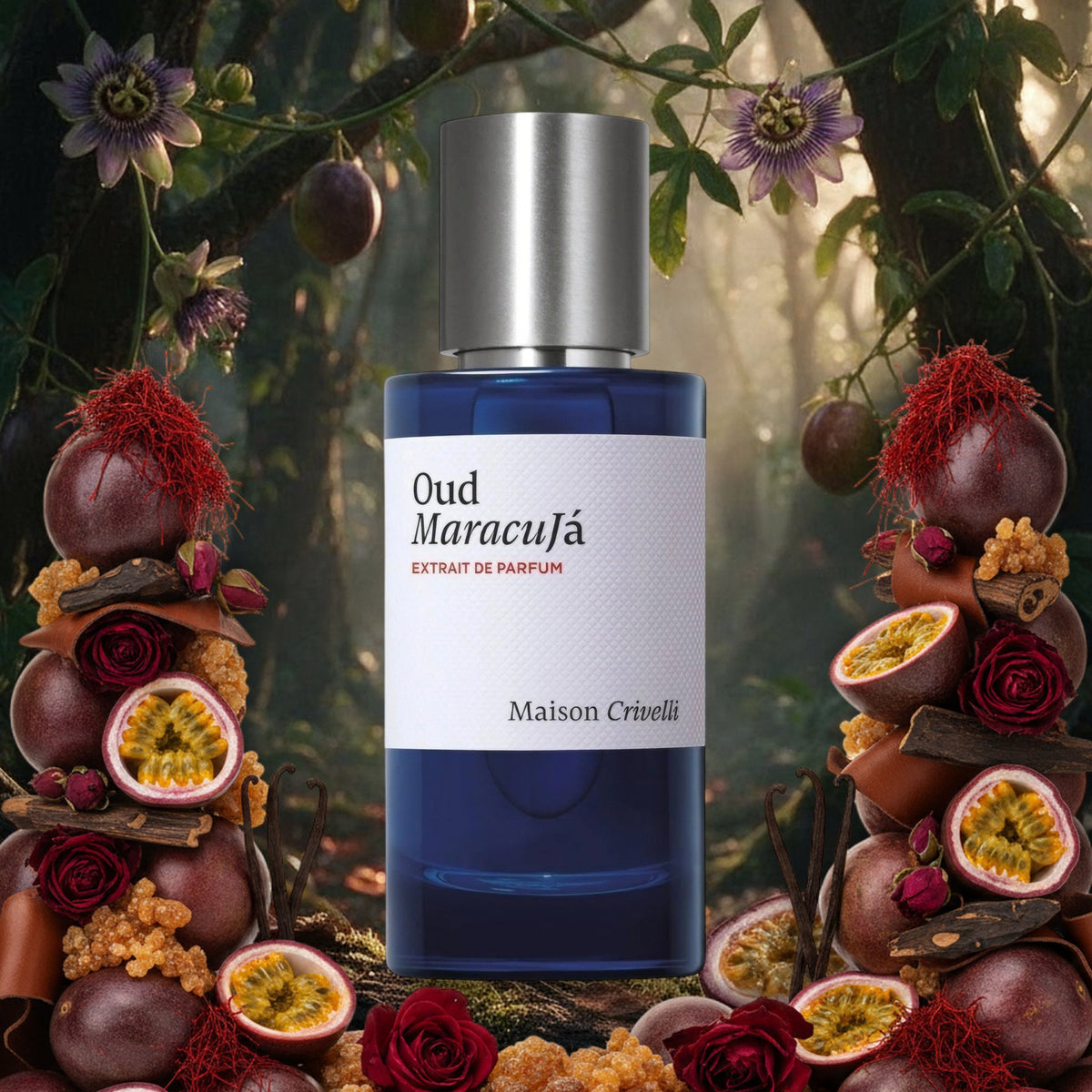 Oud Maracuja von Maison Crivelli im nebligen Oud-Wald in der Abenddämmerung, umrahmt von Passionsfrüchten und Rosen