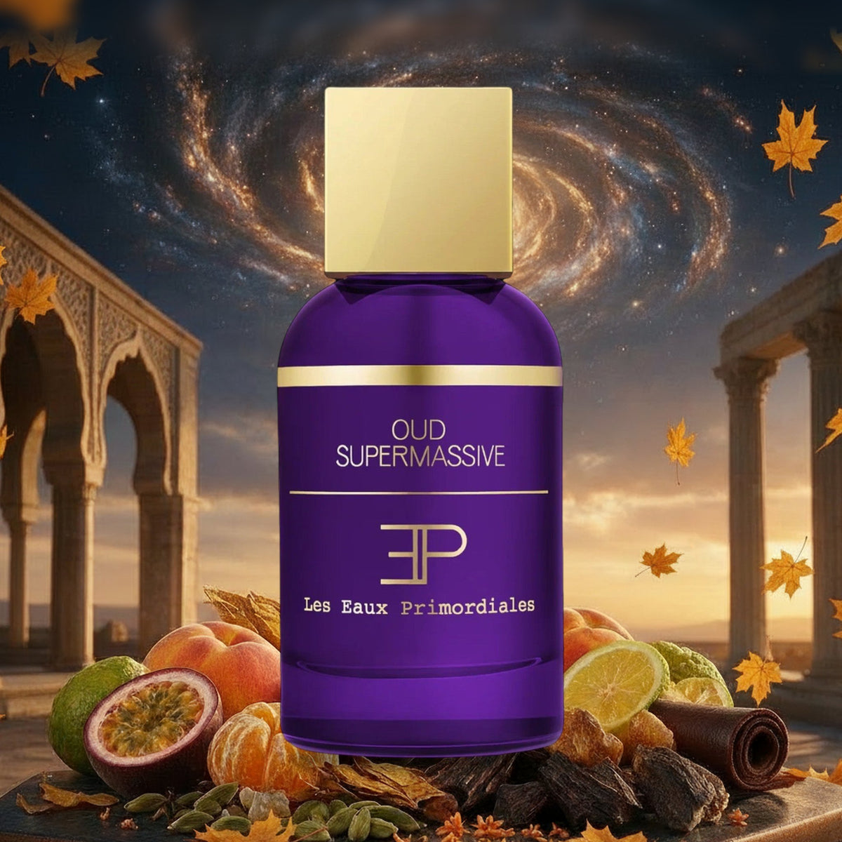 Oud Supermassive von Les Eaux Primordiales mit Passionsfrucht, Pfirsich, Oud und Leder vor Galaxie und Herbstlaub