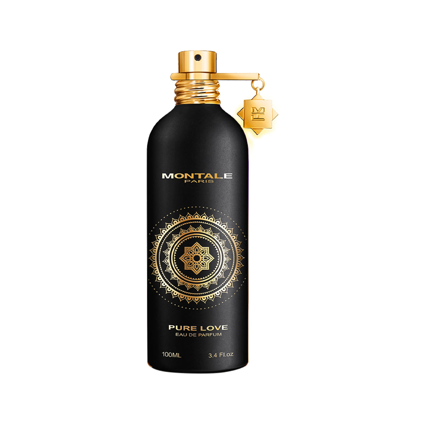 Pure Love von Montale – luxuriöser Unisexduft mit Rose, Sandelholz, Vetiver, Vanille, Ambergris und Leder. 100 ml Flakon in halbglänzendem Schwarz mit goldener Mandala-Verzierung. Jetzt bei 4D OUTFITTERS erhältlich.