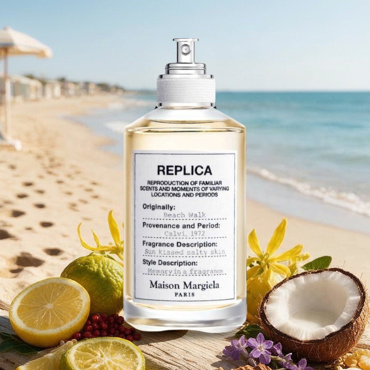 Replica Beach Walk von Maison Margiela mit Bergamotte, Zitrone, Kokosnuss und Ylang-Ylang vor Mittelmeerstrand im Sommer