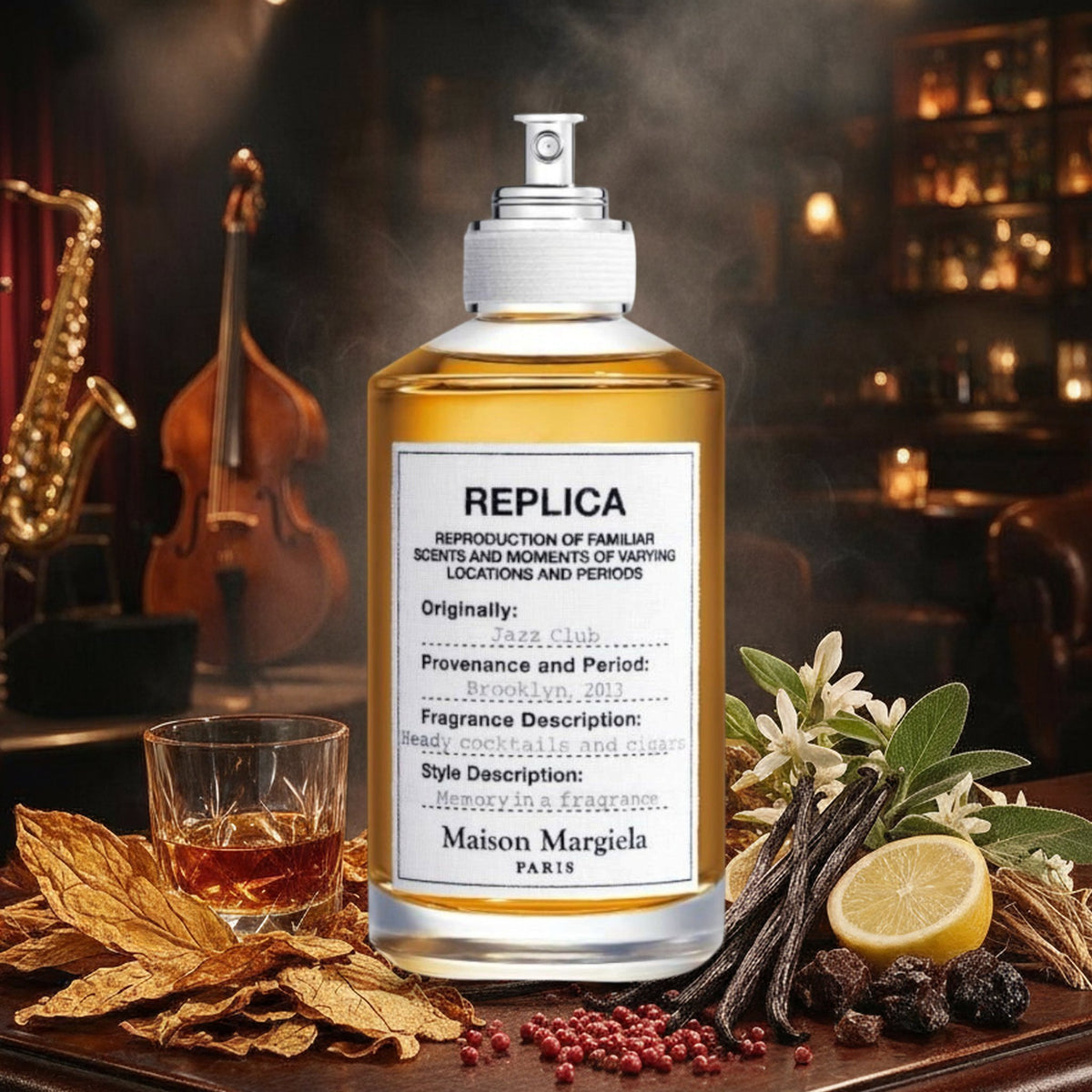 Replica Jazz Club von Maison Margiela mit Tabakblättern, Rum, Vanille und rosa Pfeffer in Jazzbar am Herbstabend