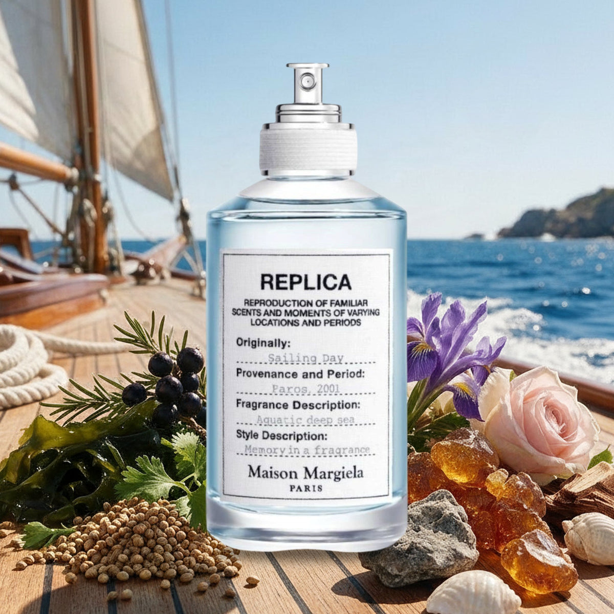Replica Sailing Day von Maison Margiela mit Koriander, Wacholder, Seetang und Iris auf Segelyacht am Meer im Sommer