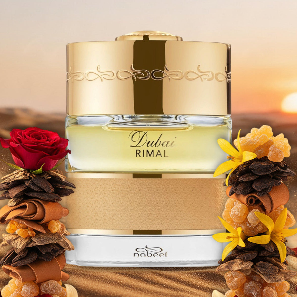 Dubai Rimal von The Spirit of Dubai auf goldenen Wüstendünen bei Sonnenuntergang im Sommer, mit Rose, Oud und Weihrauch