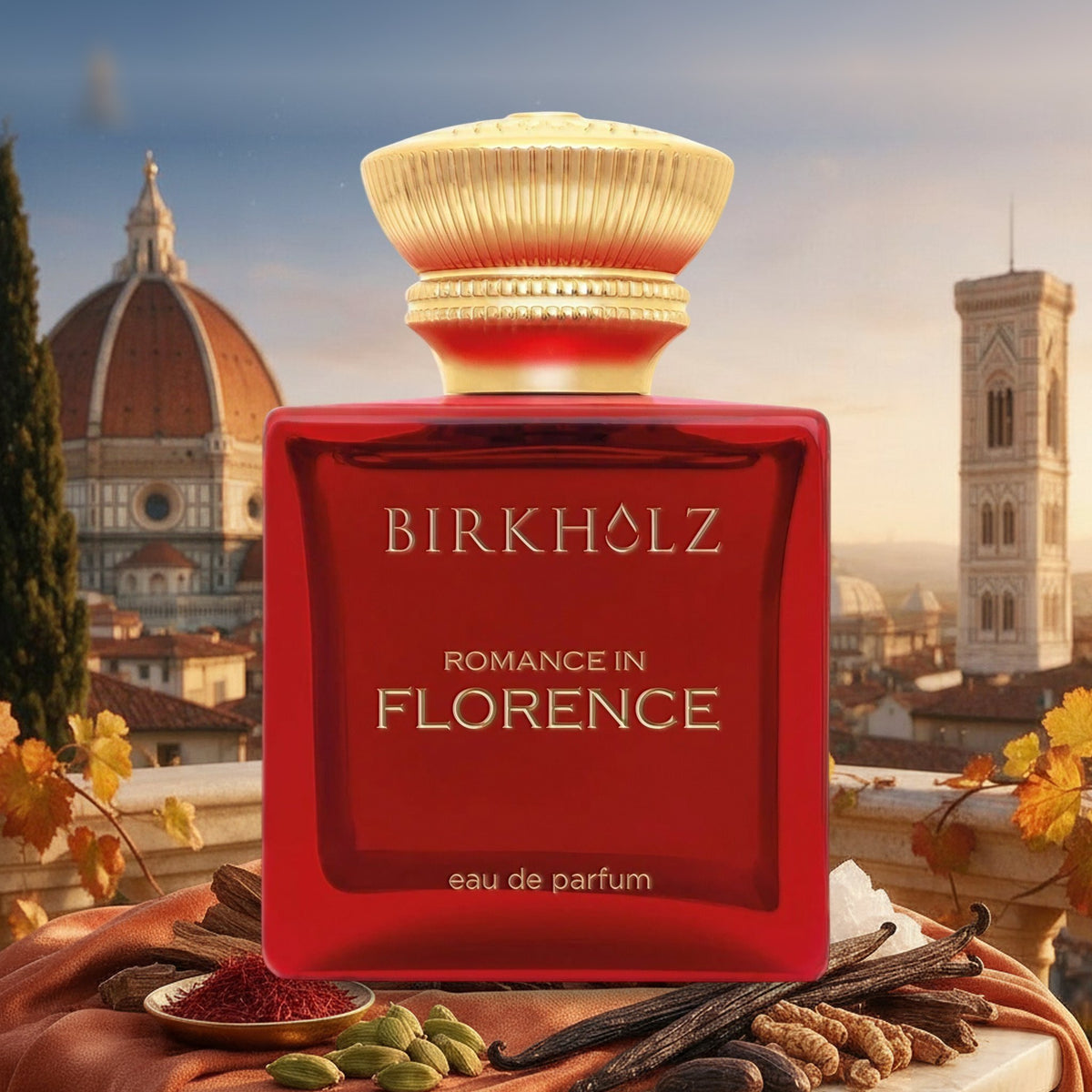 Romance in Florence von Birkholz mit Vanille, Safran, Kardamom und Tonkabohne vor Florenz mit Domkuppel im Herbst