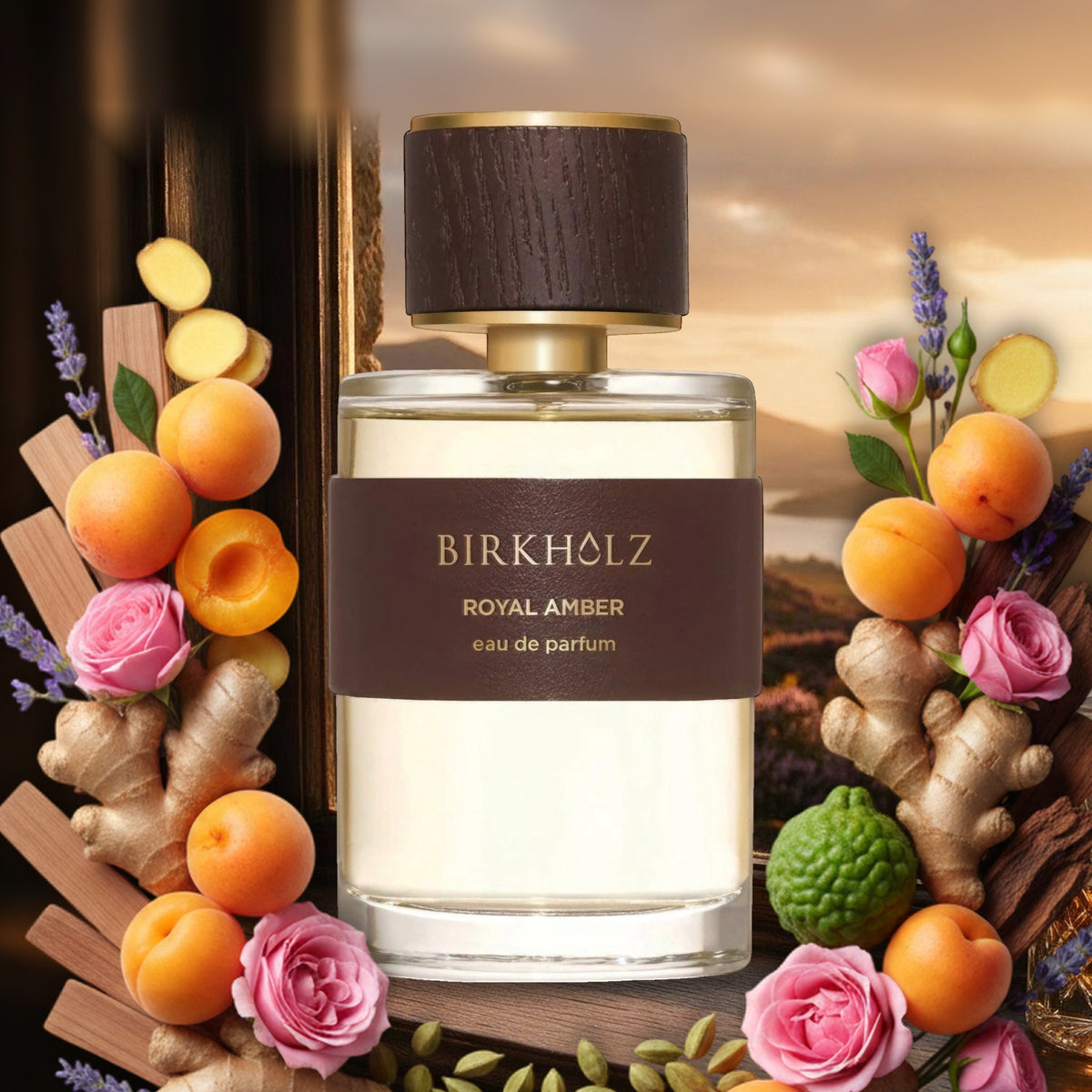 Royal Amber von Birkholz am Fenster eines Herrenhauses mit Blick auf Heidehügel im Herbstabendlicht, umrahmt von Aprikosen
