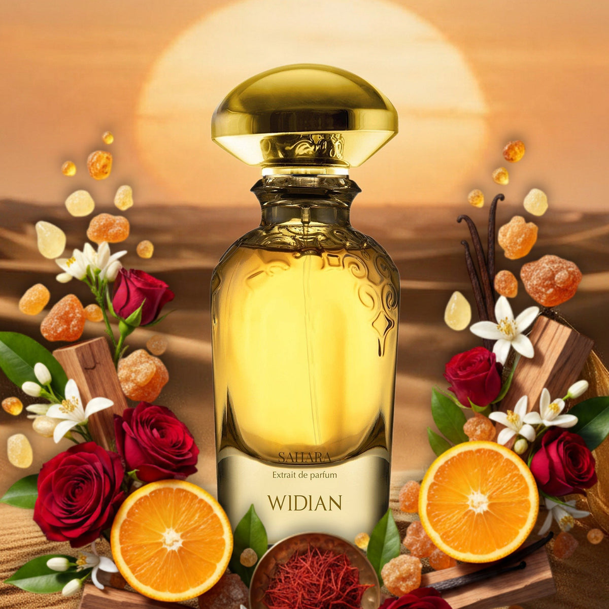 Sahara von Widian – Flakon mit Safran, Orange, Rosen, Orangenblüten, Amber und Zedernholz in goldenen Wüstendünen
