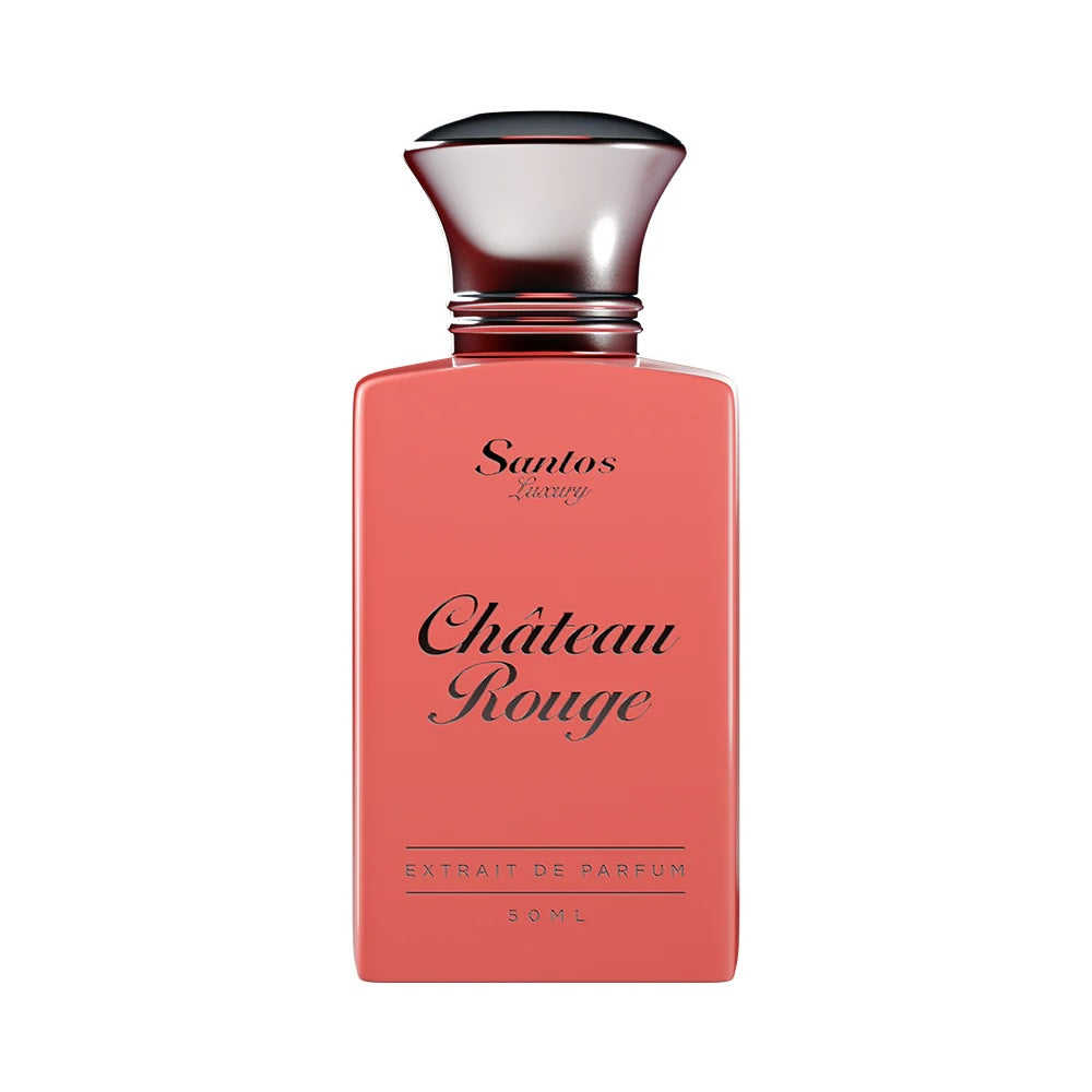 Terrakotta‑farbener Flakon mit silbernem Deckel – Château Rouge von Santos Luxury, fruchtig‑würziger Unisex‑Duft mit Eleganz