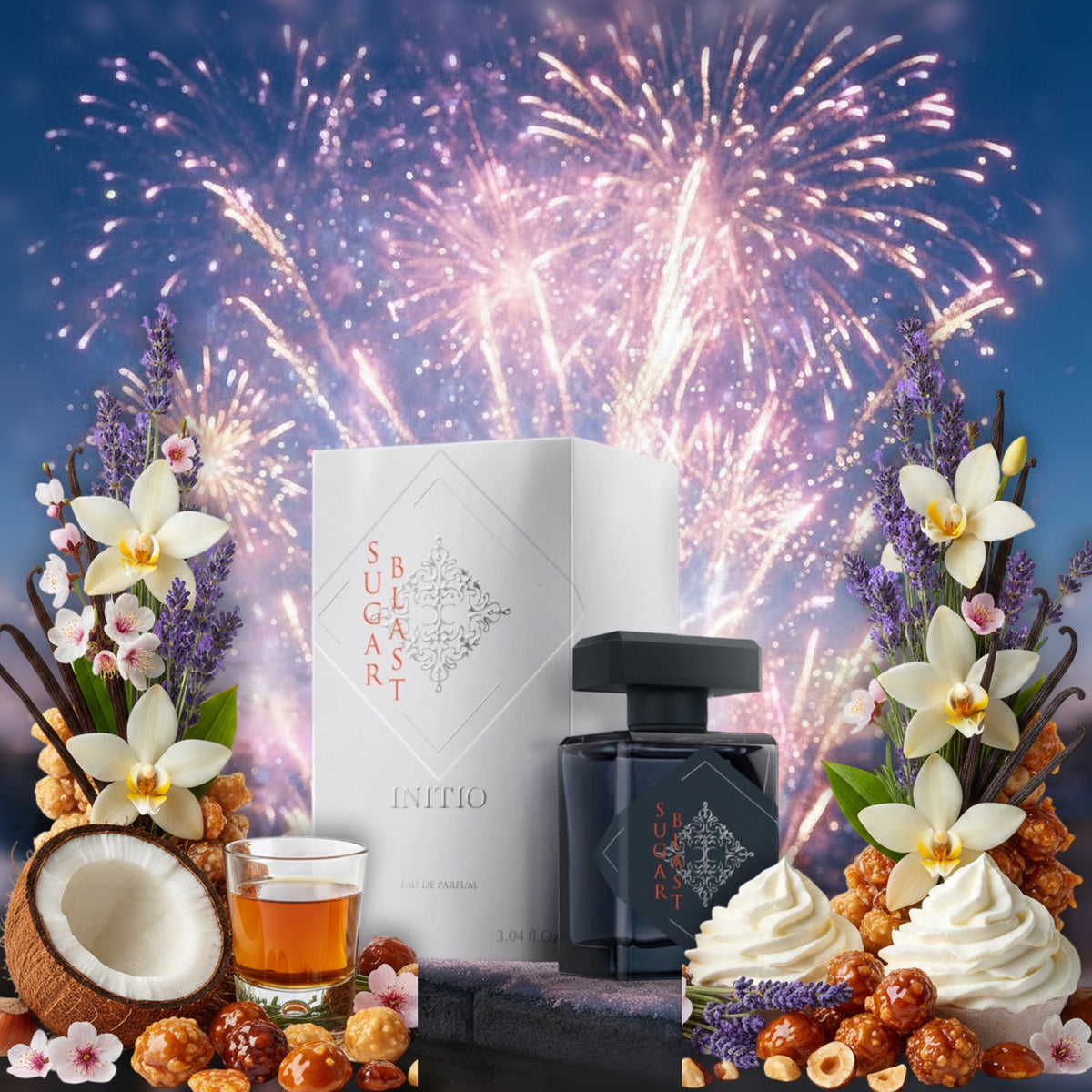 Sugar Blast von Initio auf verschneiter Dachterrasse unter Feuerwerk, mit Vanille, Lavendel, Kokos und Praliné