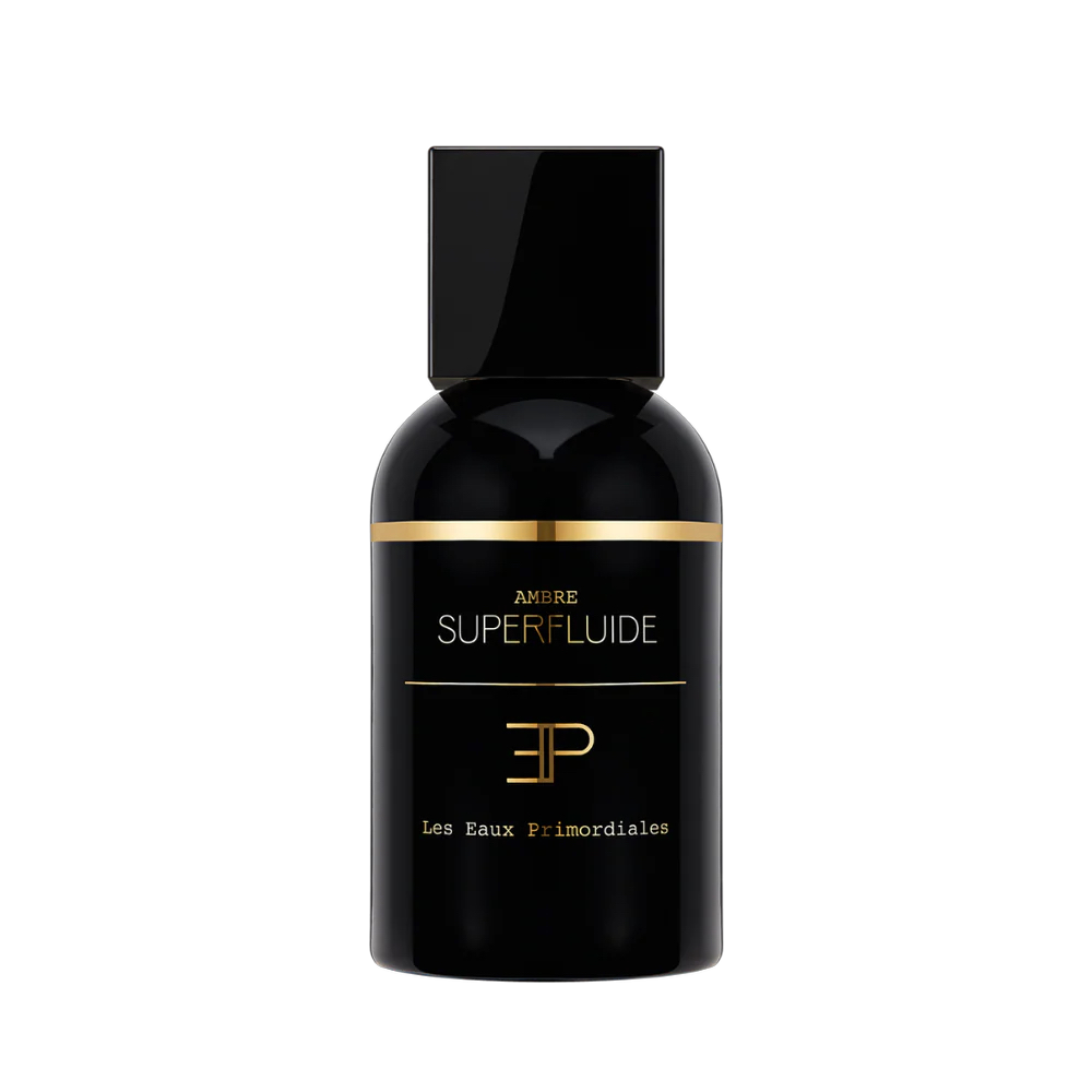 Flakon Les Eaux Primordiales Ambre Superfluide – Unisex Duft mit Honig, Apfel und Zimt. Flakon und Deckel schwarz.
