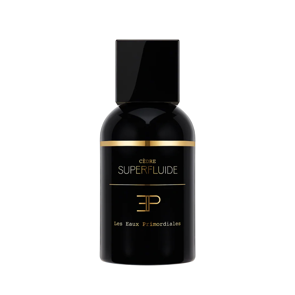 Flakon Les Eaux Primordiales Cèdre Superfluide – Unisex Duft mit Zedernholz. Flakon und Dekel schwarz.