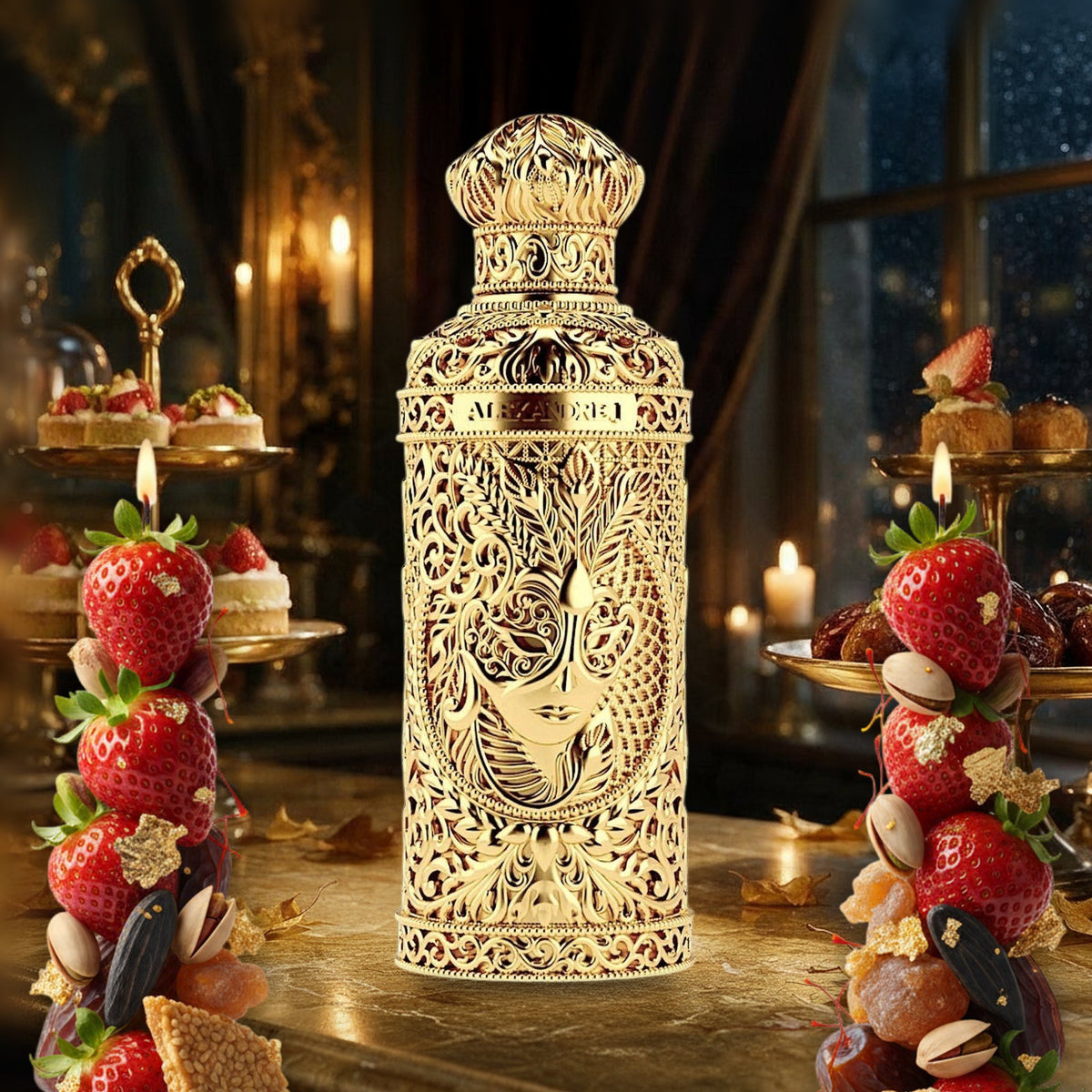 Sweet Enigma von Alexandre.J in goldenem Patisserie-Salon bei Kerzenlicht im Herbst, mit Erdbeeren, Pistazien und Datteln