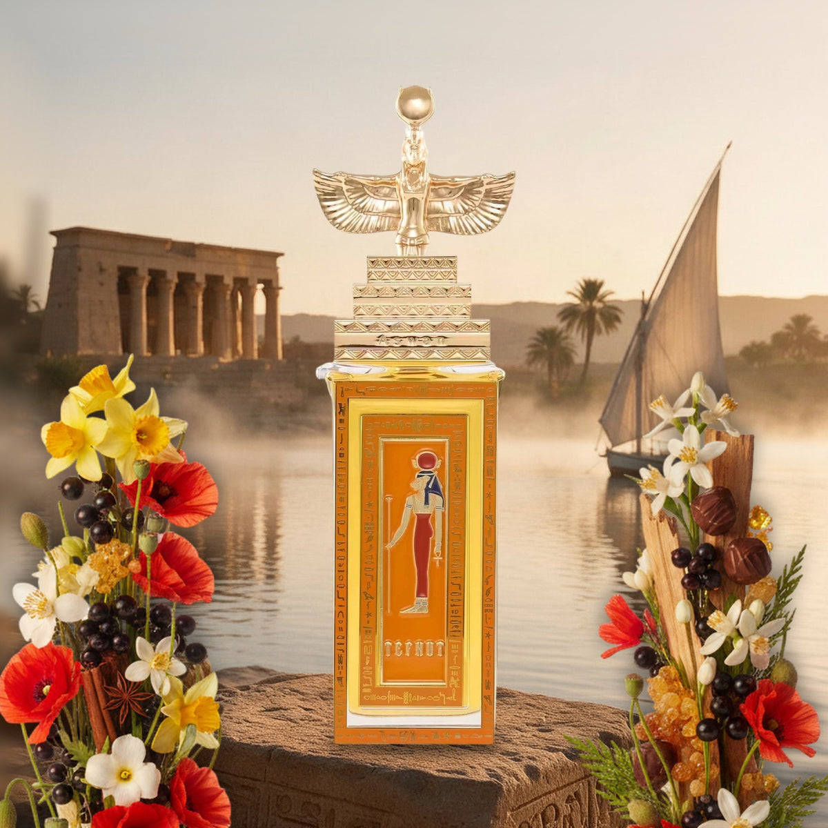 Tefnut von Aswan am nebligen Nilufer bei Assuan im Herbstabendlicht mit Mohn, Narzissen, Pflaumen und Johannisbeeren