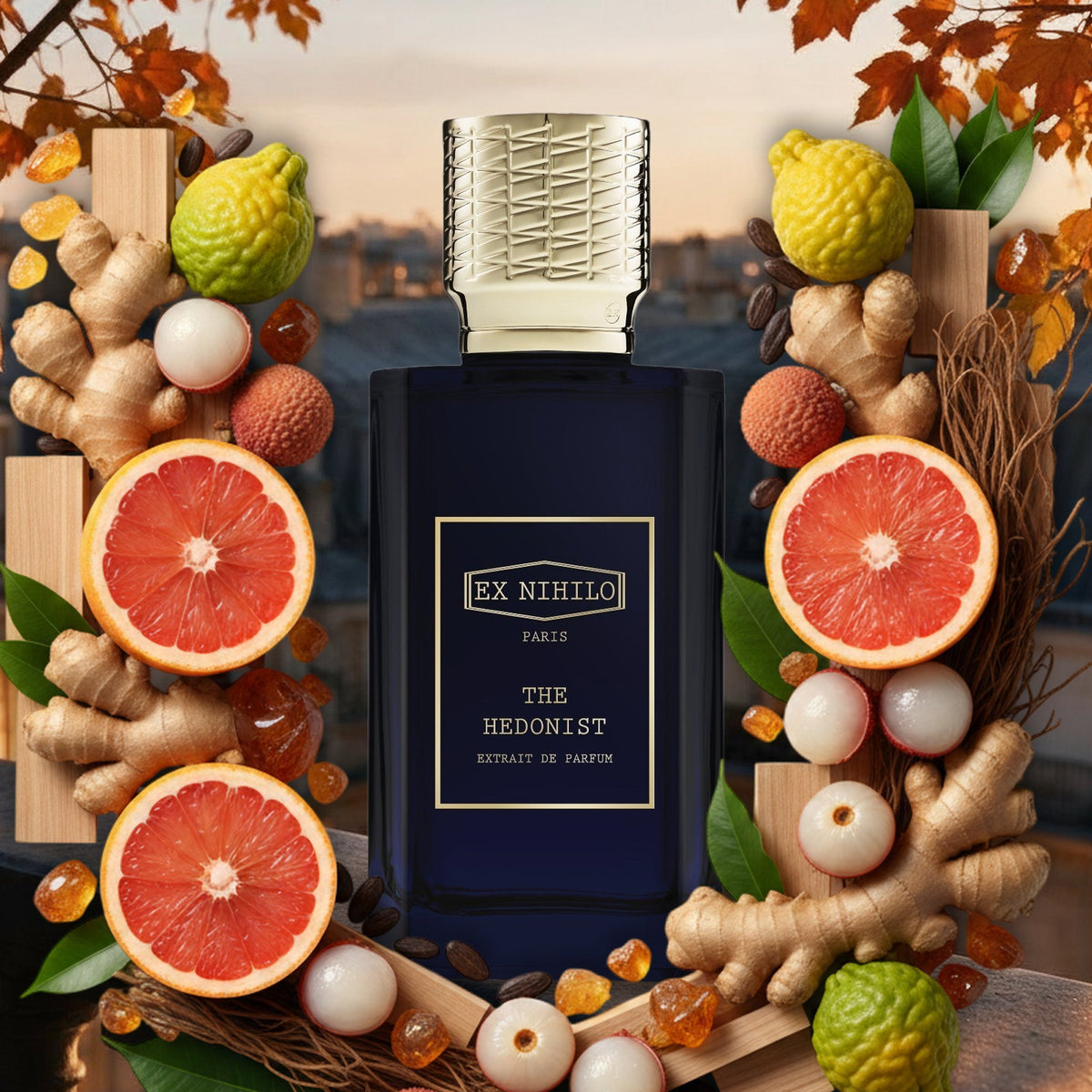 The Hedonist Extrait von Ex Nihilo auf Pariser Dachterrasse im Herbst, mit Grapefruit, Bergamotte, Ingwer und Litschi