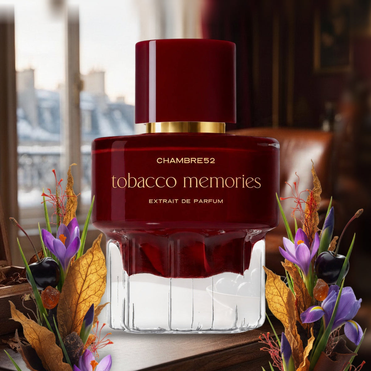 Tobacco Memories Extrait von Chambre52 im Pariser Salon am Wintermorgen mit Tabakblatt, Schwarzkirsche, Iris und Safran
