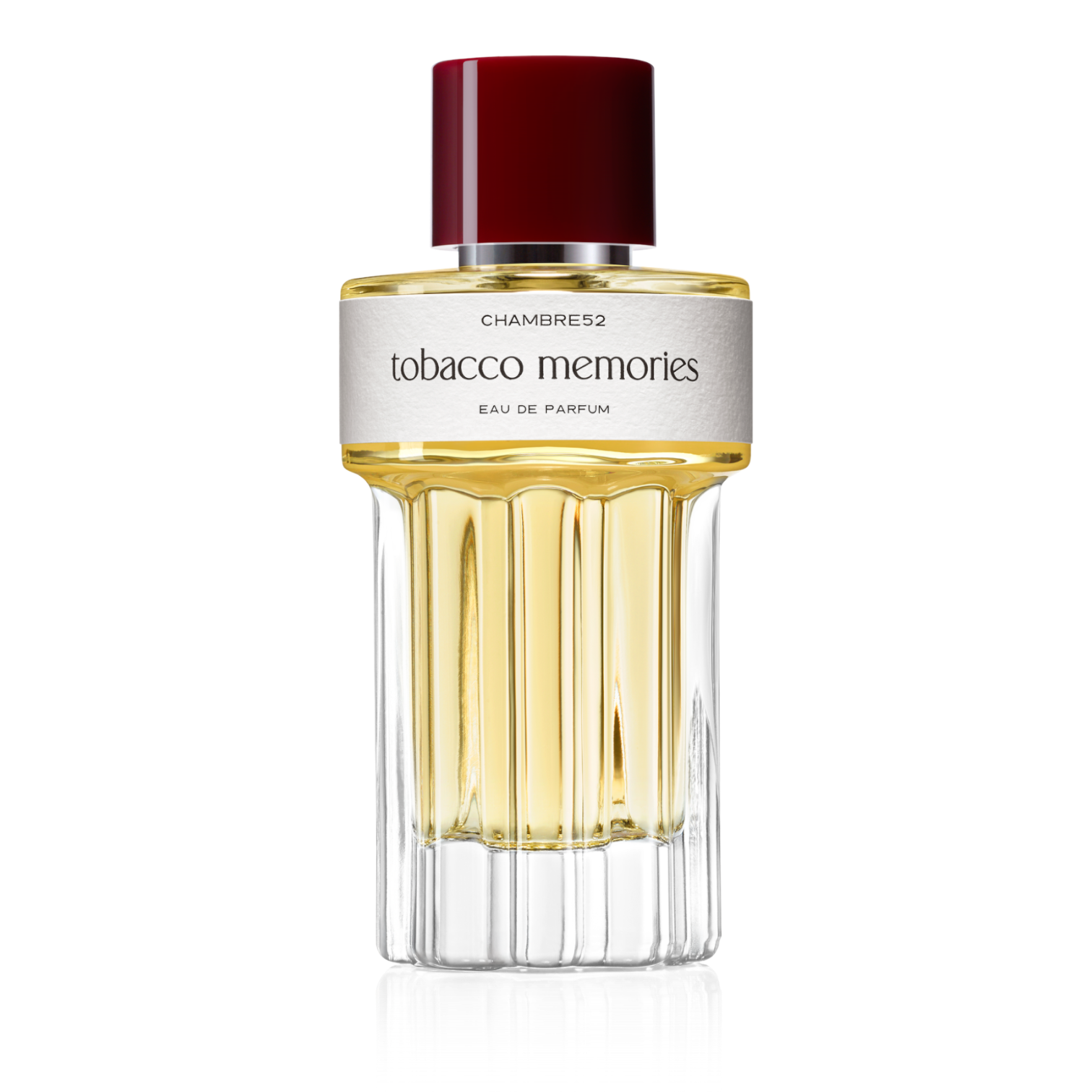 100ml Flakon von Tobacco Memories von Chambre52 – rundes Glasflakon mit bordeauxrotem Verschluss, cremeweißem Etikett und goldfarbenem Duft.