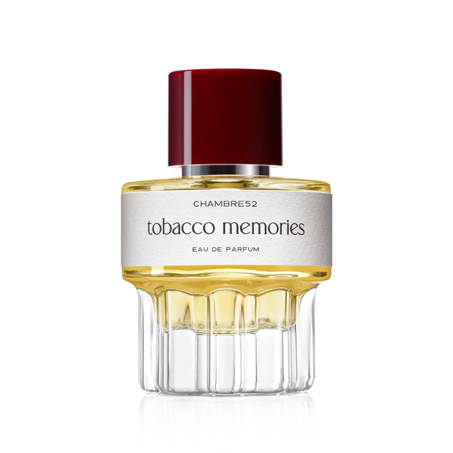 52ml Flakon von Tobacco Memories von Chambre52 – rundes Glasflakon mit bordeauxrotem Verschluss, cremeweißem Etikett und goldfarbenem Duft.