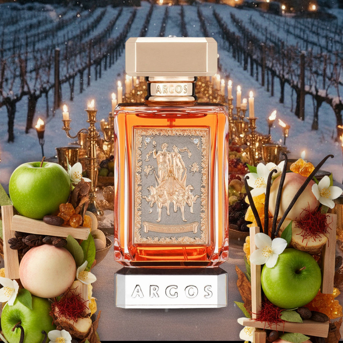 Triumph of Bacchus EdP von Argos an festlicher Tafel im verschneiten Weinberg mit grünen Äpfeln, Pfirsichen und Safran
