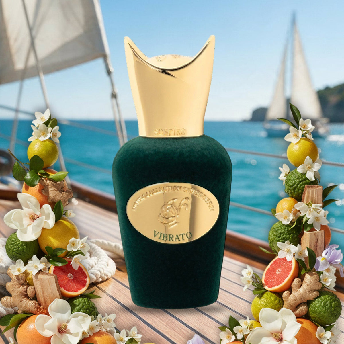 Vibrato Miniatur von Sospiro an Deck einer Segeljacht auf dem Sommermeer, mit Bergamotte, Grapefruit und Magnolie