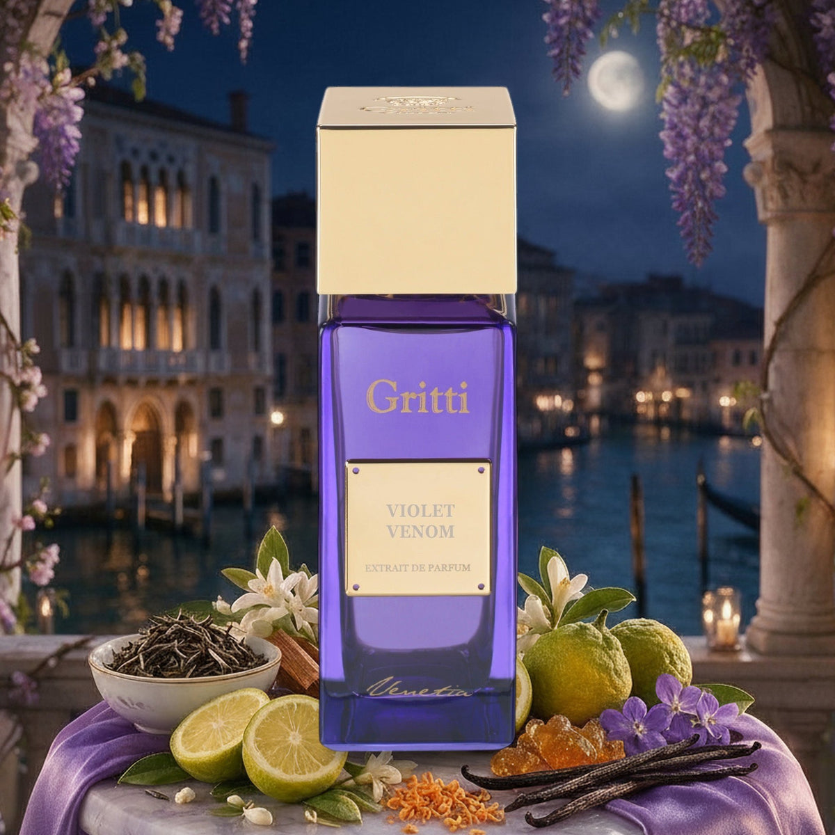 Violet Venom von Gritti mit weißem Tee, Bergamotte, Osmanthus und Vanille vor dem Canal Grande bei Nacht im Frühling