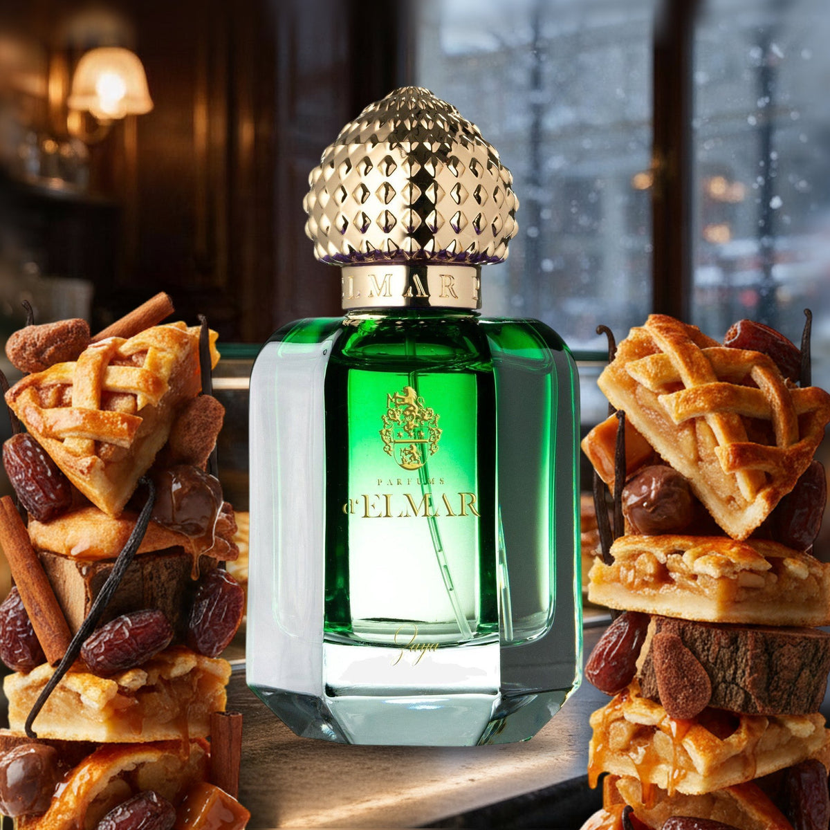 Zaya von Parfums d’Elmar in verschneiter Wiener Konditorei mit Apfelkuchen, Karamell, Datteln und Vanille