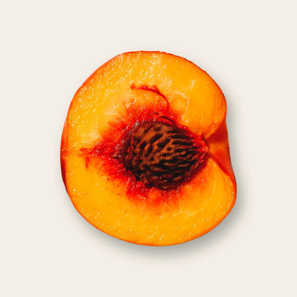 Halbierter Pfirsich mit Kern (Prunus persica) auf hellem Leinen