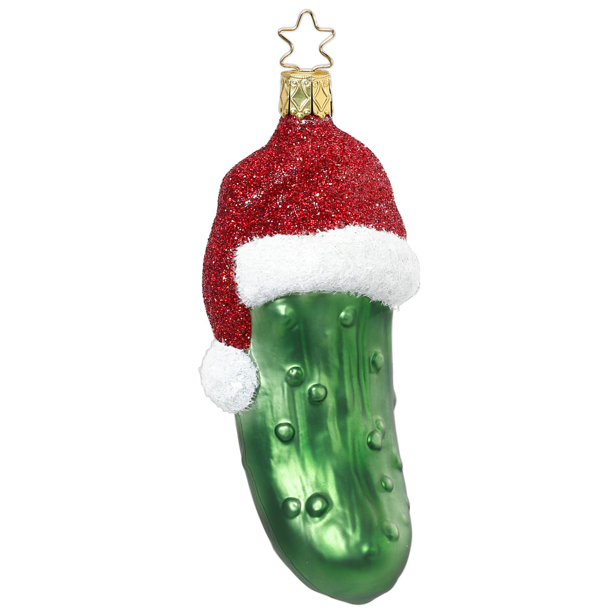 Inge Glas glass ornament green pickle with red glitter Santa hat, 12 cm