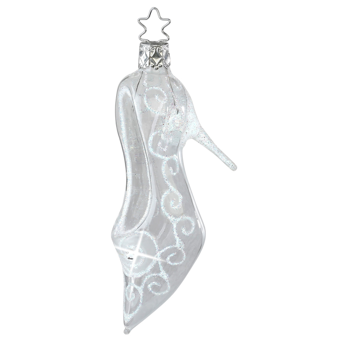 Inge Glas Christbaumschmuck gläserner Stöckelschuh mit silbernen Ornamenten, 12 cm