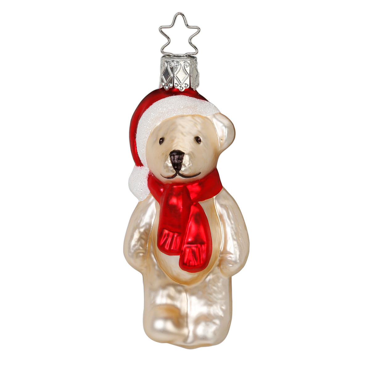 Inge Glas glass ornament cream teddy bear with Santa hat and red scarf, 9.5 cm