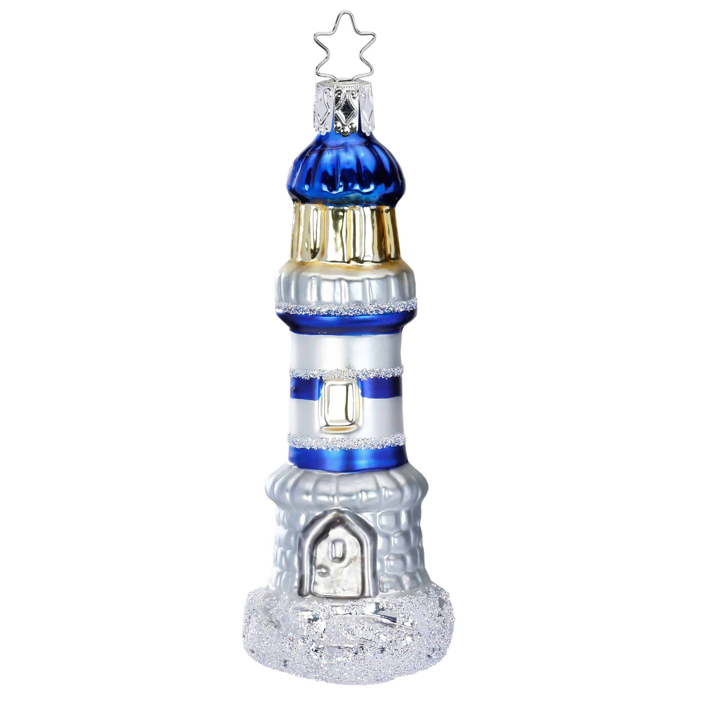 Glaskugel Anhänger Leuchtturm weiß und blau von Inge Glas 10054S020