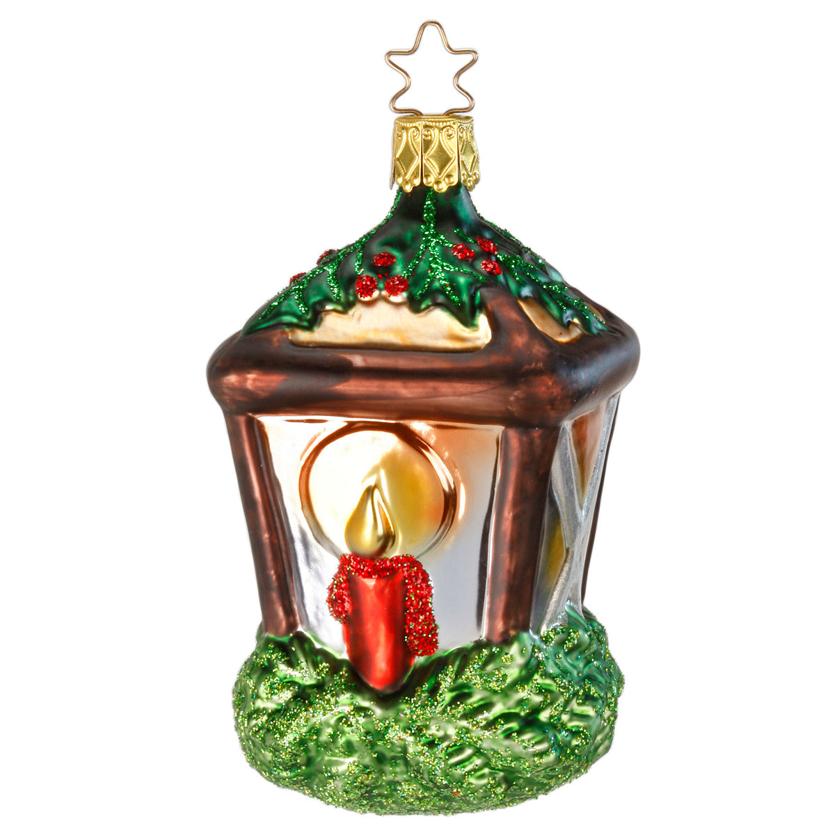Inge Glas glass ornament lantern with red candle and holly roof, 10 cm