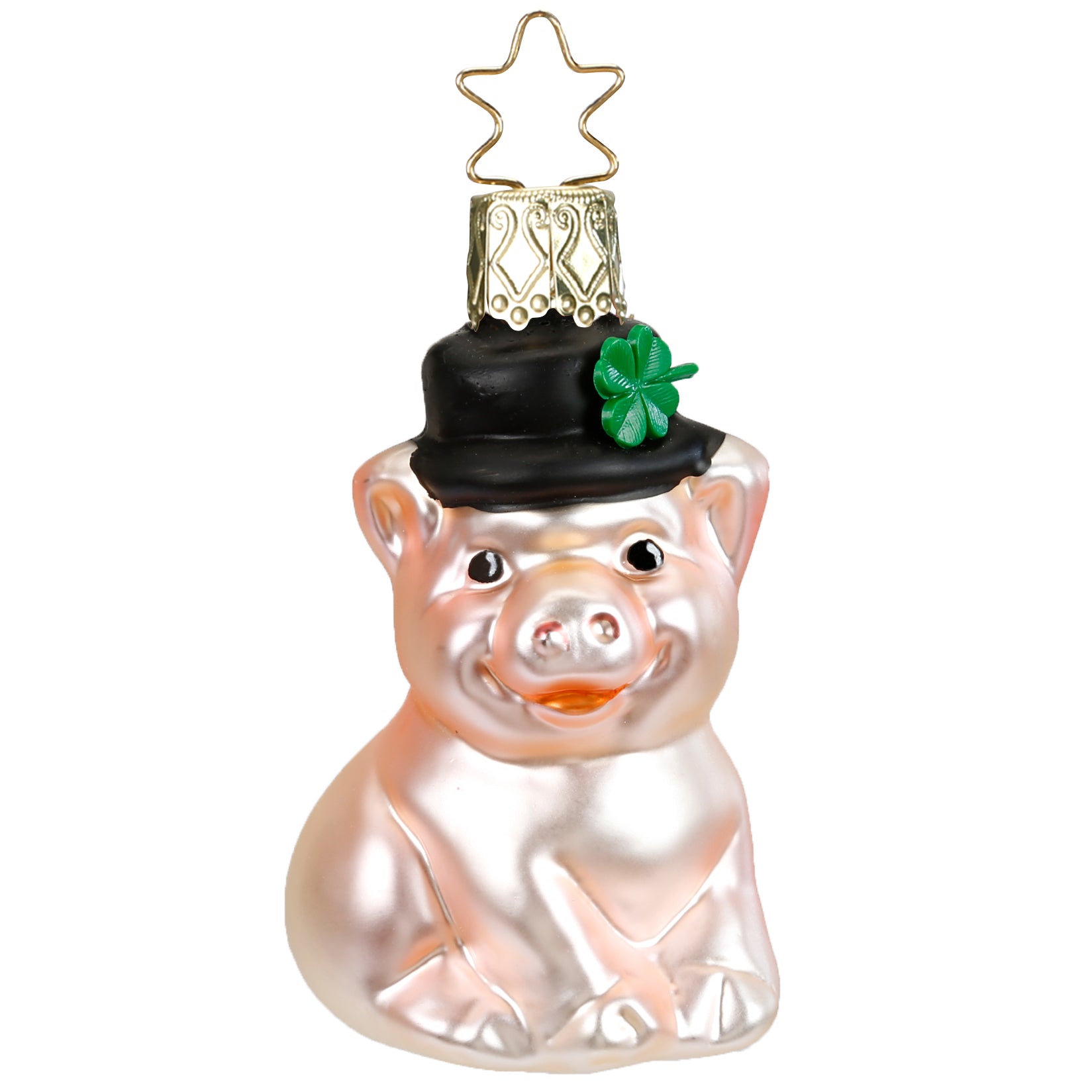 Glaskugel Anhänger Glücksferkel mit Hut und Kleeblatt, Glucksbringer 6,5 cm 10132S018 Inge Glas
