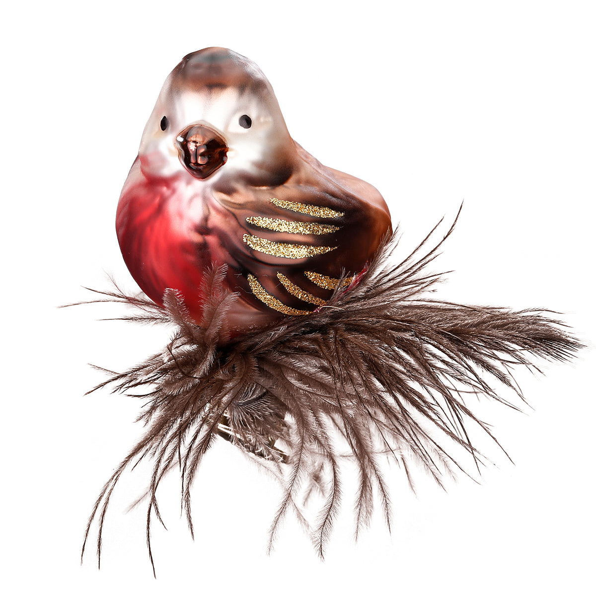 Inge Glas clip-on bird bird with red breast and brown feather collar, 7 cm