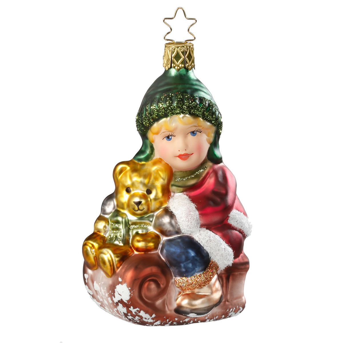 Inge Glas glass ornament child with teddy bear on a sledge, 10.5 cm