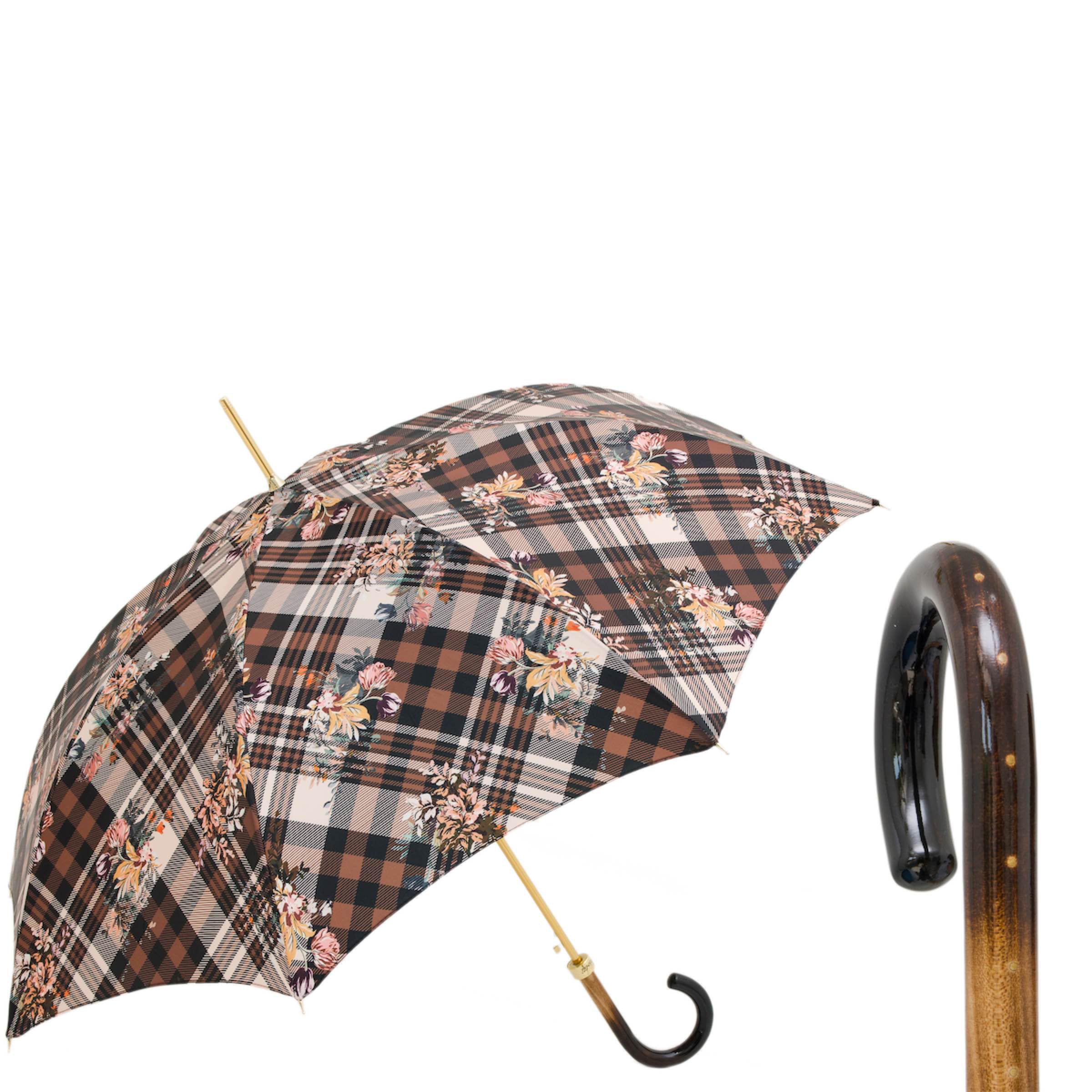 Pasotti Regenschirm Tartan mit Blumenmuster, Holzgriff
