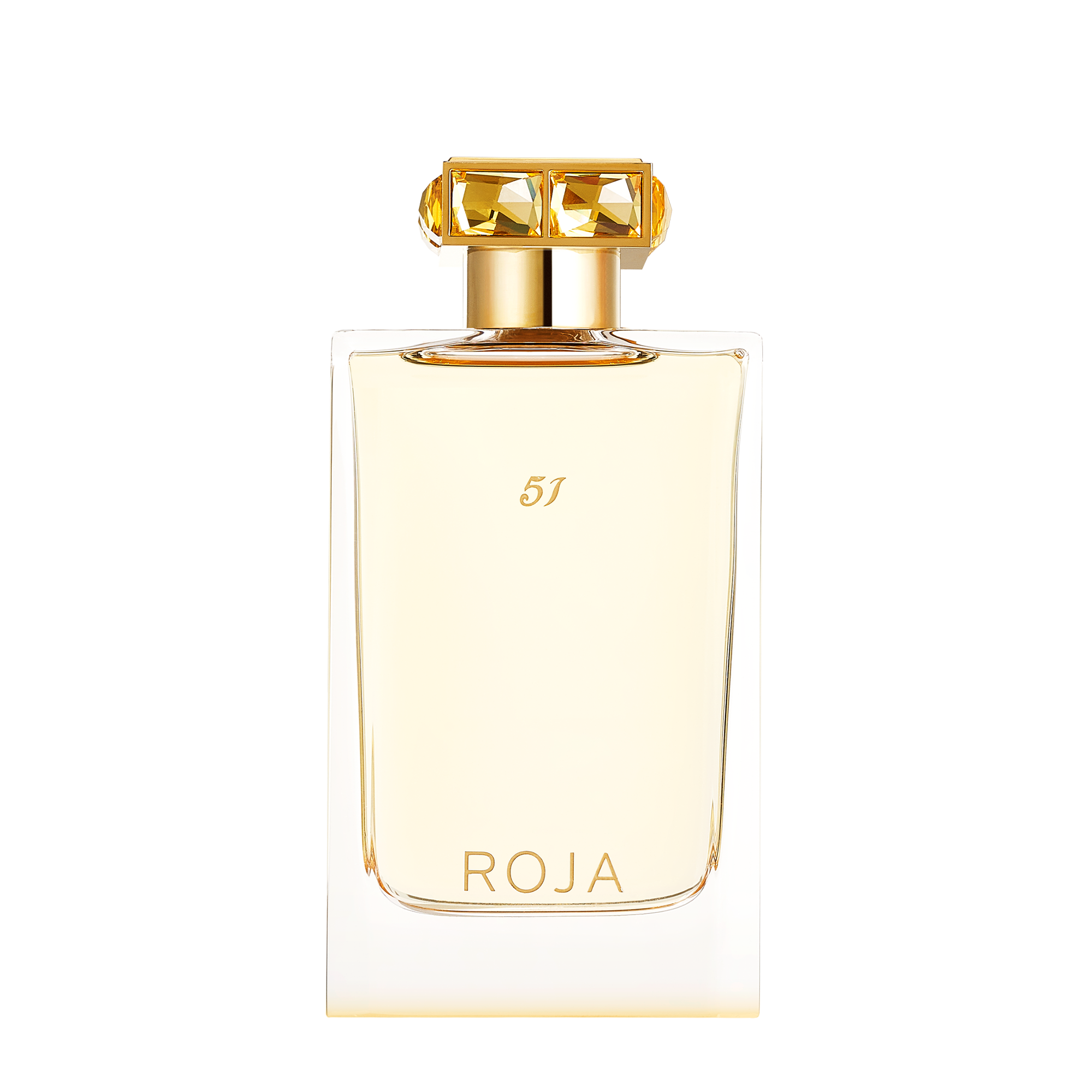 51 Essence de Parfum Pour Femme von Roja Parfums, 75 ml – transparenter Flakon mit gelbem Roja-Kristallverschluss. Luxuriöser Damenduft mit floralen und fruchtigen Noten.