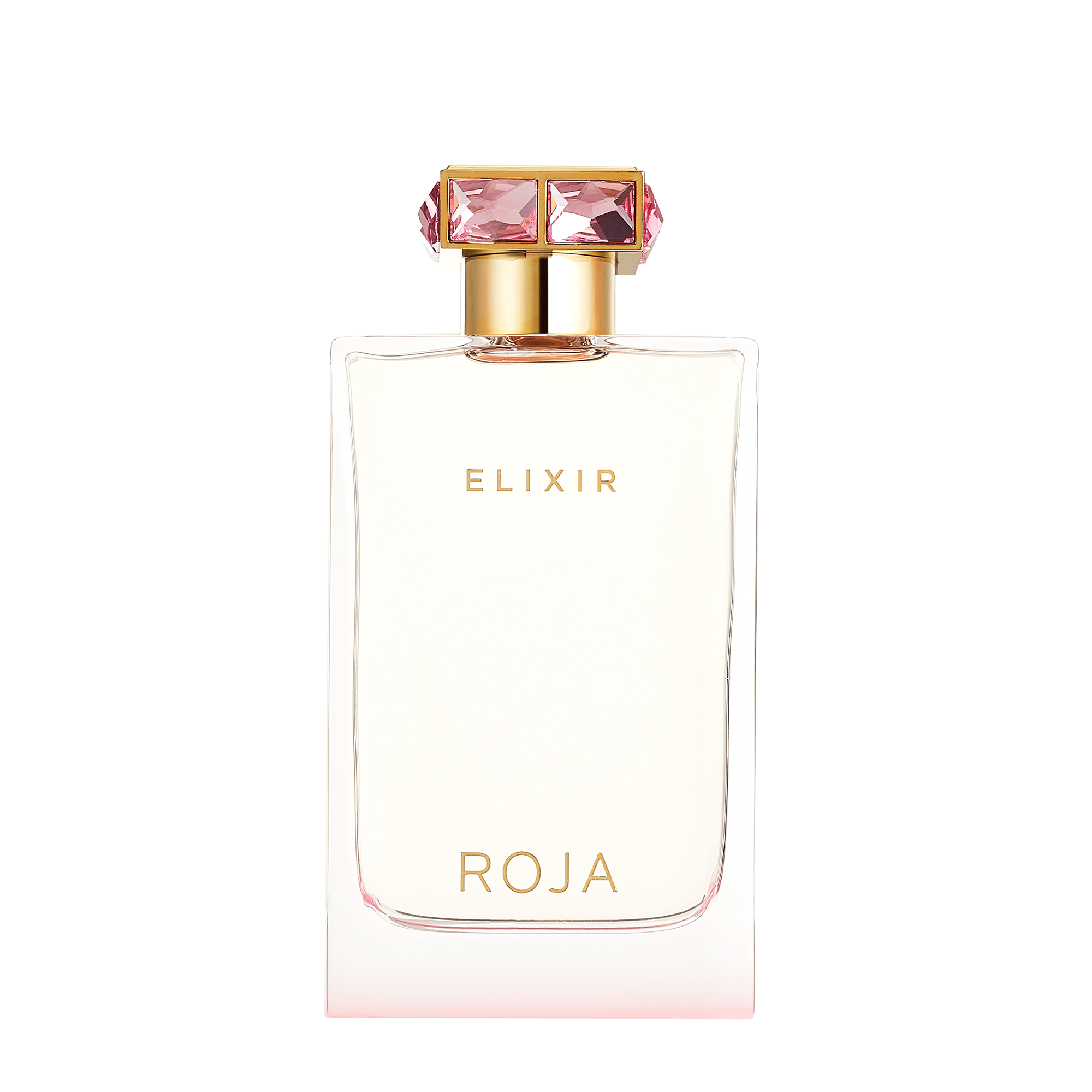 Elixir Essence de Parfum von Roja Parfums – luxuriöser Damenduft in einem transparenten Flakon mit rosa Kristallkappe. 75ml sinnliche Eleganz.