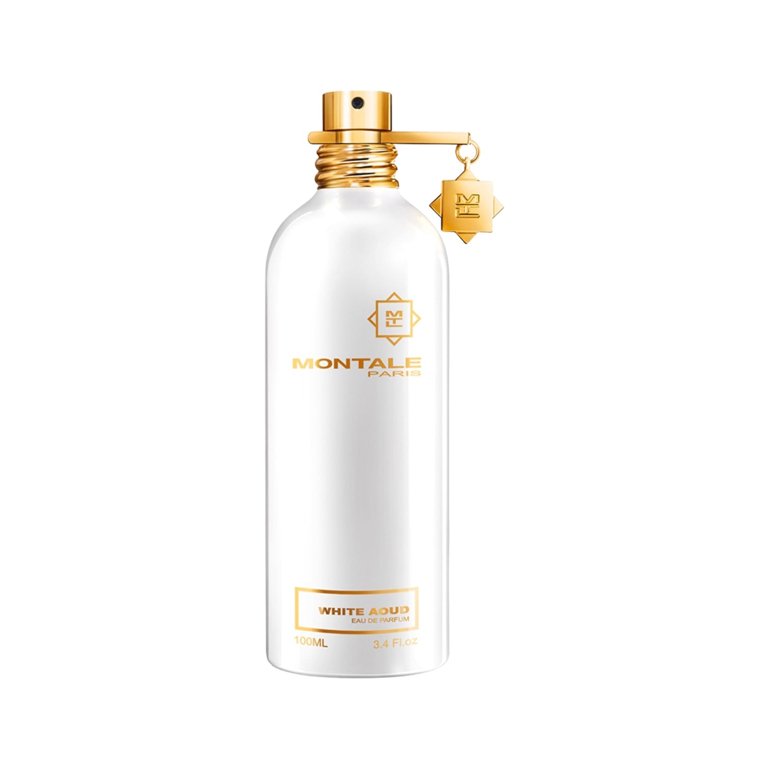 White Aoud von Montale – eleganter, orientalischer Duft mit Rose, Safran, Oud und Vanille. 100 ml Flakon in glänzendem Weiß. Jetzt bei 4D OUTFITTERS erhältlich.