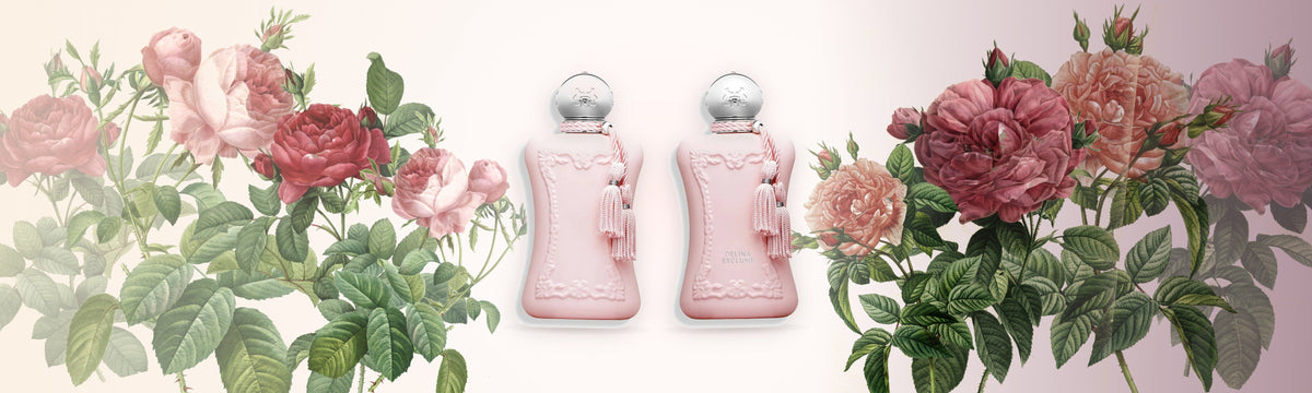 Delina und Delina Exclusif von Parfums de Marly zwischen Rosen von Pierre-Joseph Redouté