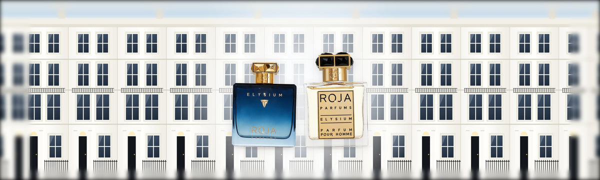 Elysium Pour Homme EdP und Parfum von Roja Parfums vor weißen Londoner Stadthäusern