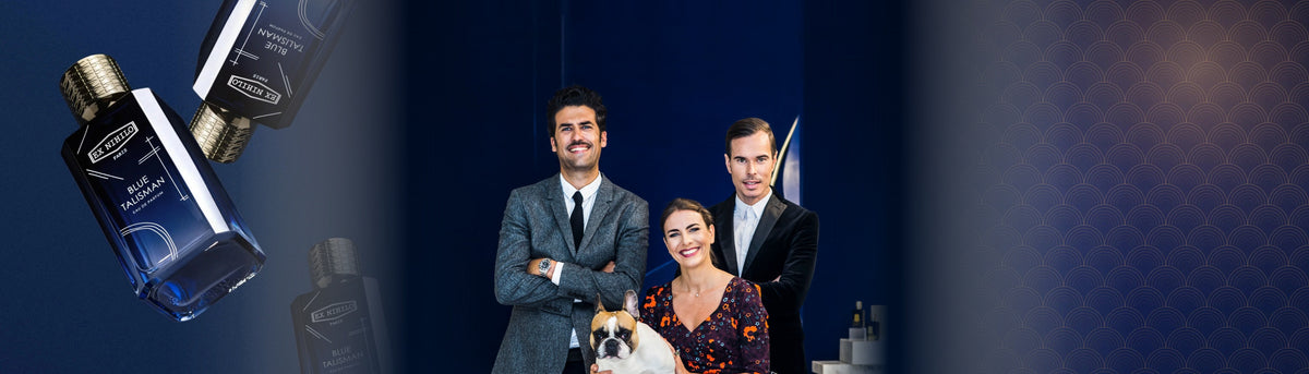Die Ex-Nihilo-Gründer Benoît Verdier, Sylvie Loday und Olivier Royère in ihrer blauen Pariser Boutique, daneben Blue-Talisman-Flakons
