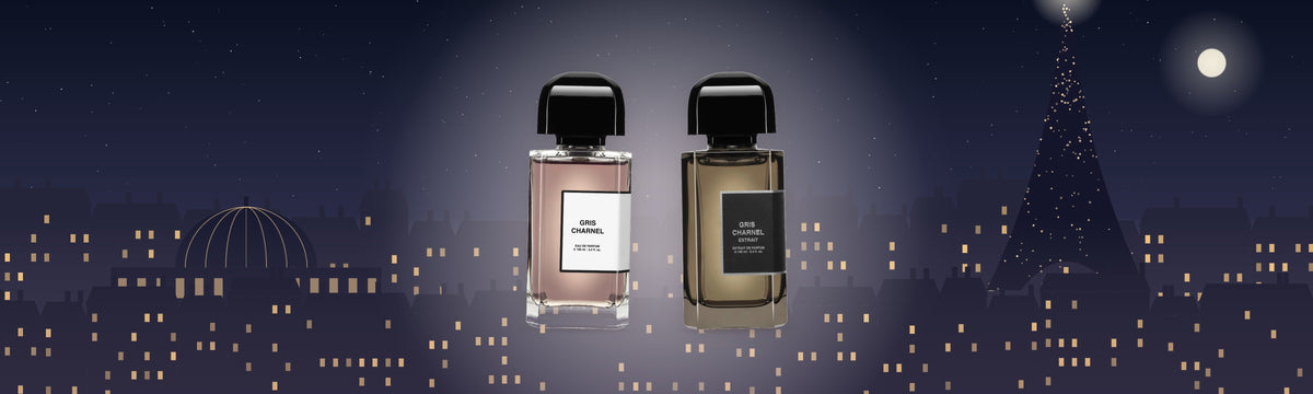 Gris Charnel und Gris Charnel Extrait von BDK Parfums vor der Pariser Skyline bei Nacht