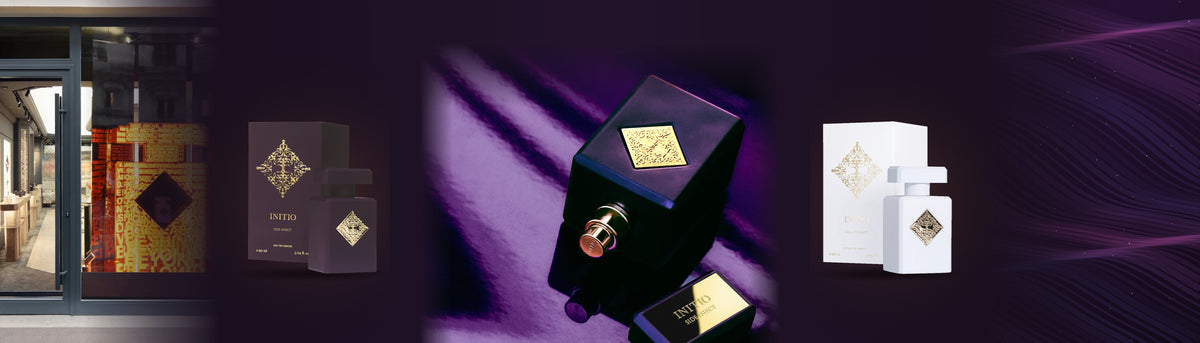 Side Effect von Initio auf violett schimmernder Seide, links Side Effect mit Verpackung und die Pariser Initio-Boutique, rechts Musk Therapy