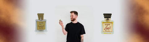 Kai Porten mit einem Flakon, daneben Oud 31 und Cherry X von Kai Porten Parfums Privés