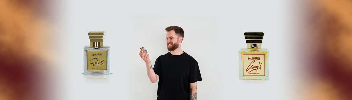Kai Porten mit einem Flakon, daneben Oud 31 und Cherry X von Kai Porten Parfums Privés