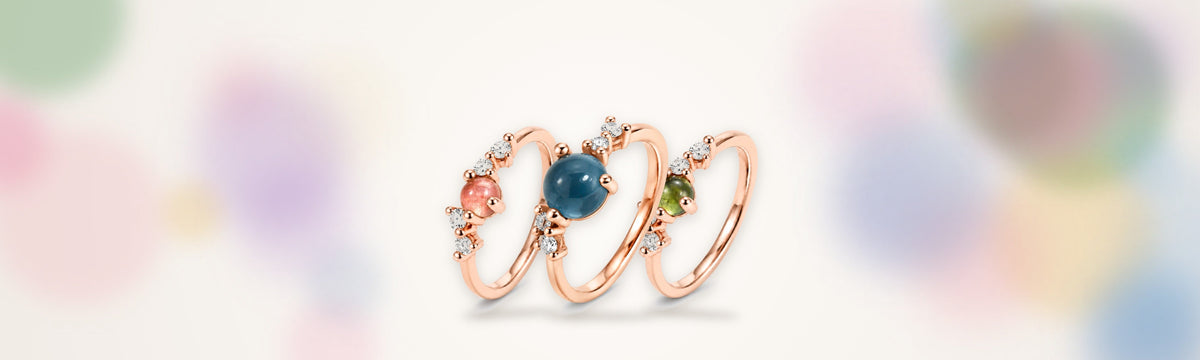 Drei Noën Stellini Ringe mit Turmalin Pink, London Blue Topas und Turmalin Grün